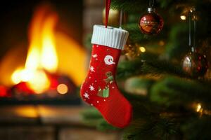 ai generado Navidad festivo celebraciones rojo calcetín colgado por el hogar esperando santas alegre sorpresas ai generado foto