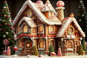 AI generated Christmas gingerbread house Magical fairy tale castle in snowy winter of sugary dreams AI Generated photo