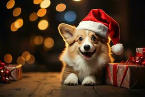 ai generado Navidad festividades con un amable perro celebrando con festivo decoraciones y fiesta alegría ai generado foto