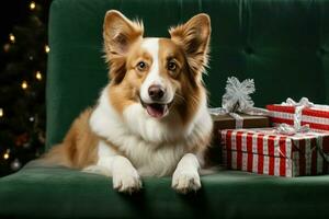 ai generado Navidad festividades con un amable perro celebrando con festivo decoraciones y fiesta alegría ai generado foto