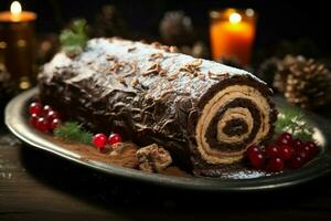 AI generated Classic Yule log a festive treat Christmas cake rolled and adorned for a delightful celebration AI Generated photo