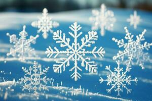 AI generated snowflakes gracefully decorating a winter wonderland Christmas snow light background AI Generated photo