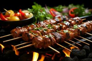 Juicy skewered seekh kababs a mouthwatering blend of spices and grilled goodness AI Generated photo