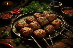 Juicy skewered seekh kababs a mouthwatering blend of spices and grilled goodness AI Generated photo