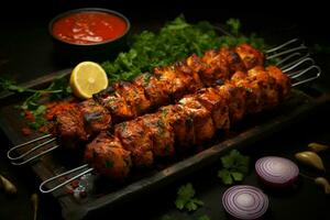 Juicy skewered seekh kababs a mouthwatering blend of spices and grilled goodness AI Generated photo