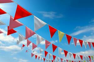 AI generated Vibrant red and white bunting festively hanging with triangular flags for celebrations. AI Generated photo
