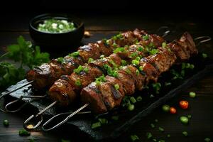 Juicy skewered seekh kababs a mouthwatering blend of spices and grilled goodness AI Generated photo