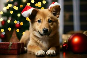 ai generado Navidad festividades con un amable perro celebrando con festivo decoraciones y fiesta alegría ai generado foto