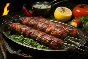 Juicy skewered seekh kababs a mouthwatering blend of spices and grilled goodness AI Generated photo