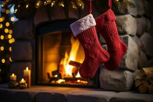 AI generated Christmas Festive celebrations red sock hung by the fireplace awaiting Santas joyful surprises  AI Generated photo