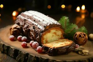 AI generated Classic Yule log a festive treat Christmas cake rolled and adorned for a delightful celebration AI Generated photo