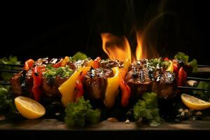 Juicy skewered seekh kababs a mouthwatering blend of spices and grilled goodness AI Generated photo