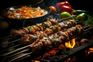 Juicy skewered seekh kababs a mouthwatering blend of spices and grilled goodness AI Generated photo