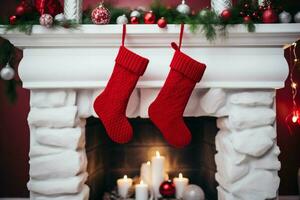 AI generated Christmas Festive celebrations red sock hung by the fireplace awaiting Santas joyful surprises  AI Generated photo