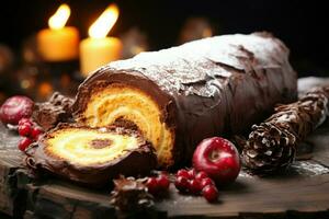 AI generated Classic Yule log a festive treat Christmas cake rolled and adorned for a delightful celebration AI Generated photo