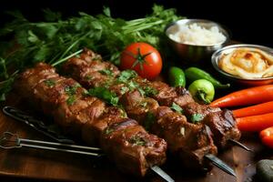 Juicy skewered seekh kababs a mouthwatering blend of spices and grilled goodness AI Generated photo