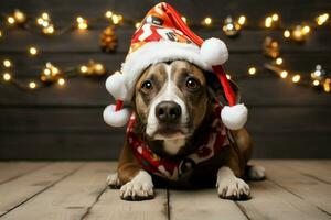 ai generado Navidad festividades con un amable perro celebrando con festivo decoraciones y fiesta alegría ai generado foto