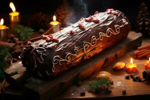 AI generated Classic Yule log a festive treat Christmas cake rolled and adorned for a delightful celebration AI Generated photo