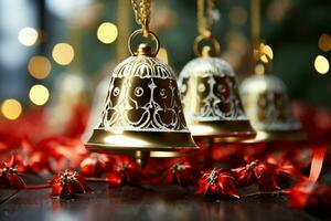 AI generated Shiny Christmas bell jingle bells ringing, spreading holiday cheer with festive joy AI Generated photo