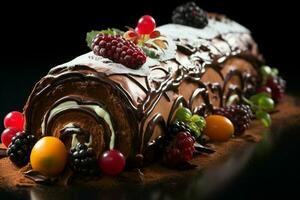 AI generated Classic Yule log a festive treat Christmas cake rolled and adorned for a delightful celebration AI Generated photo