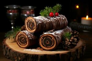 AI generated Classic Yule log a festive treat Christmas cake rolled and adorned for a delightful celebration AI Generated photo