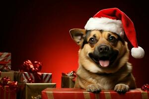 ai generado Navidad festividades con un amable perro celebrando con festivo decoraciones y fiesta alegría ai generado foto