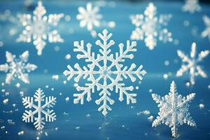 AI generated snowflakes gracefully decorating a winter wonderland Christmas snow light background AI Generated photo