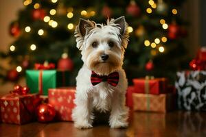 ai generado Navidad festividades con un amable perro celebrando con festivo decoraciones y fiesta alegría ai generado foto