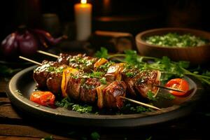 Juicy skewered seekh kababs a mouthwatering blend of spices and grilled goodness AI Generated photo