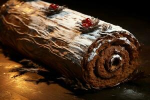 AI generated Classic Yule log a festive treat Christmas cake rolled and adorned for a delightful celebration AI Generated photo