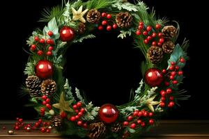 AI generated Rustic Christmas wreath ornaments a beacon of yuletide charm AI Generated photo