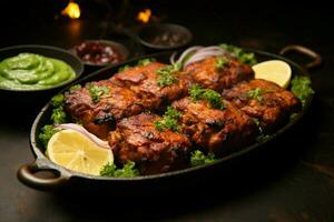 jugoso ensartado seekh brochetas un Agua en la boca mezcla de especias y A la parrilla bondad ai generado foto