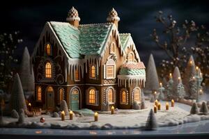 AI generated Christmas gingerbread house Magical fairy tale castle in snowy winter of sugary dreams AI Generated photo