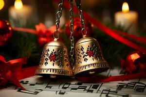 AI generated Shiny Christmas bell jingle bells ringing, spreading holiday cheer with festive joy AI Generated photo