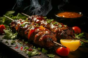 Juicy skewered seekh kababs a mouthwatering blend of spices and grilled goodness AI Generated photo