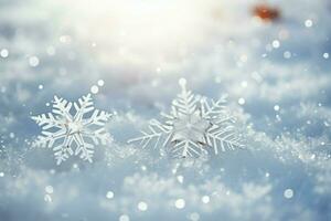 AI generated snowflakes gracefully decorating a winter wonderland Christmas snow light background AI Generated photo