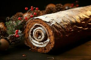 AI generated Classic Yule log a festive treat Christmas cake rolled and adorned for a delightful celebration AI Generated photo