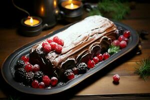 AI generated Classic Yule log a festive treat Christmas cake rolled and adorned for a delightful celebration AI Generated photo