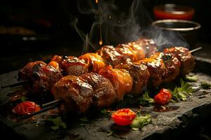 jugoso ensartado seekh brochetas un Agua en la boca mezcla de especias y A la parrilla bondad ai generado foto