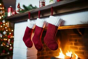 AI generated Christmas Festive celebrations red sock hung by the fireplace awaiting Santas joyful surprises  AI Generated photo