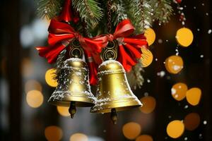 AI generated Shiny Christmas bell jingle bells ringing, spreading holiday cheer with festive joy AI Generated photo