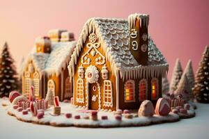 ai generado Navidad pan de jengibre casa mágico hada cuento castillo en Nevado invierno de azucarado Sueños ai generado foto