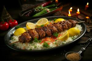 Juicy skewered seekh kababs a mouthwatering blend of spices and grilled goodness AI Generated photo