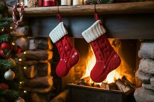 AI generated Christmas Festive celebrations red sock hung by the fireplace awaiting Santas joyful surprises  AI Generated photo