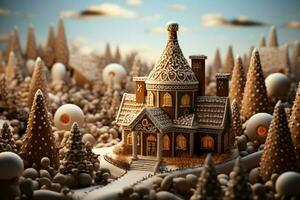 AI generated Christmas gingerbread house Magical fairy tale castle in snowy winter of sugary dreams AI Generated photo