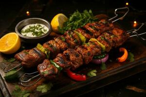 Juicy skewered seekh kababs a mouthwatering blend of spices and grilled goodness AI Generated photo