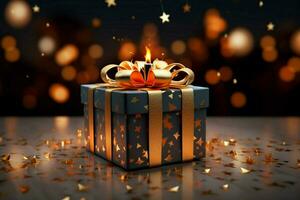 AI generated Cozy holiday ambiance surrounds a wrapped gift festive Christmas AI Generated photo