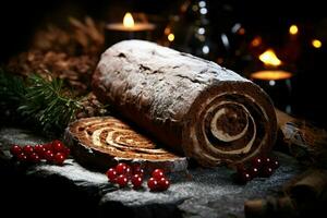 AI generated Classic Yule log a festive treat Christmas cake rolled and adorned for a delightful celebration AI Generated photo