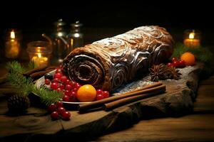 AI generated Classic Yule log a festive treat Christmas cake rolled and adorned for a delightful celebration AI Generated photo