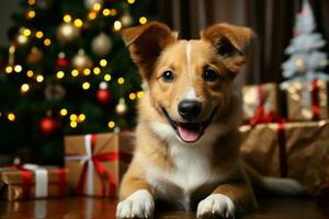 ai generado Navidad festividades con un amable perro celebrando con festivo decoraciones y fiesta alegría ai generado foto